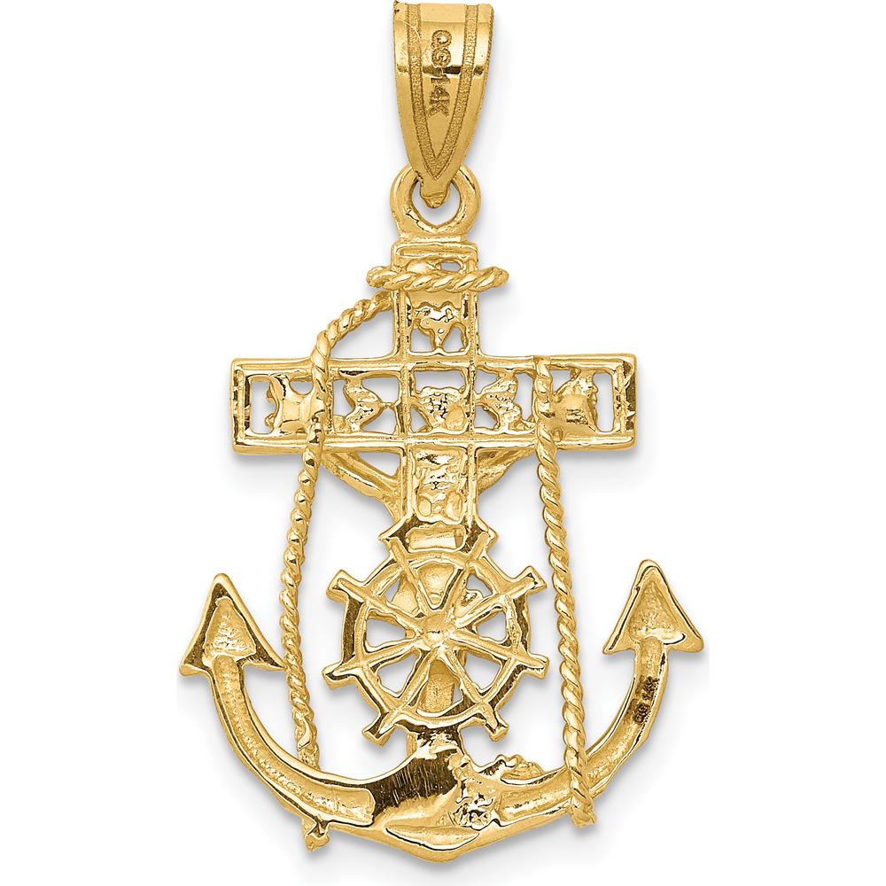 14K Yellow Gold Mariners Crucifix Pendant with Anchor and Nautical Helm by Oro Pregiato