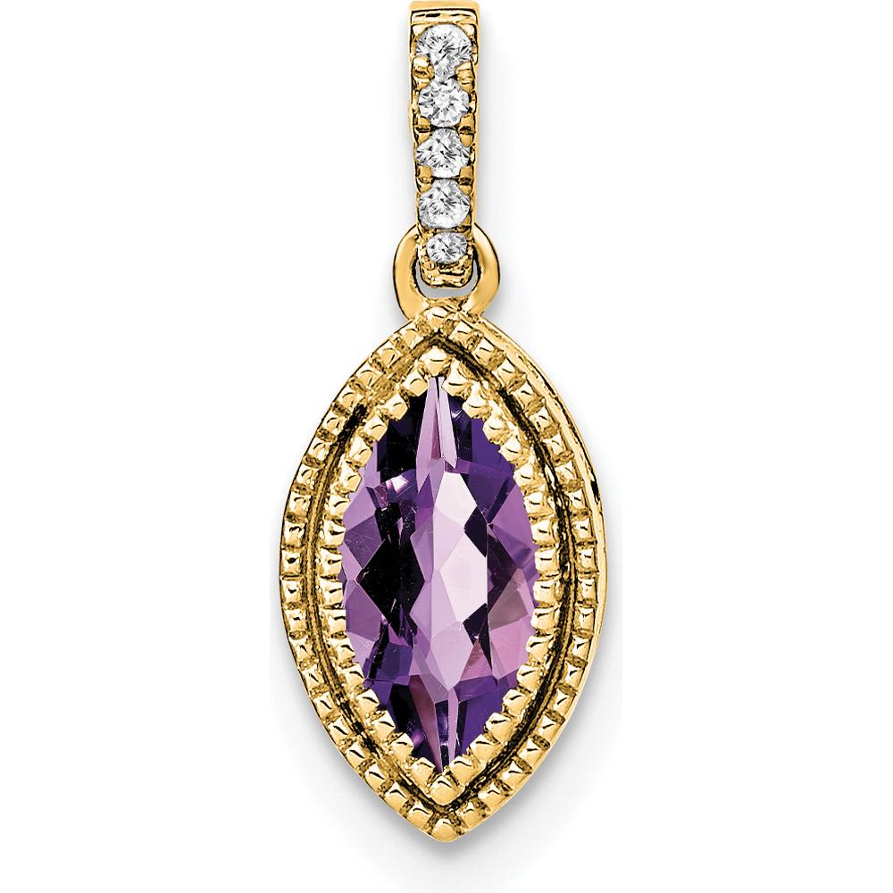 14K Yellow Gold Marquise Amethyst and Diamond Pendant with Beaded Halo - 0.37 Carat Amethyst and 0.03 Carat Total Diamond Weight by Lumare Gioia