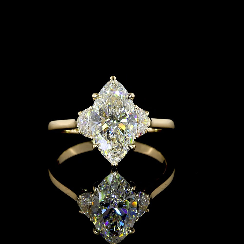 14K Yellow Gold Marquise and Half-Moon Three Stone Ring with 2.10 Carat F VS1 Lab Diamond Center - 2.40 Carat Total Weight - Covaloro Fine Jewelry