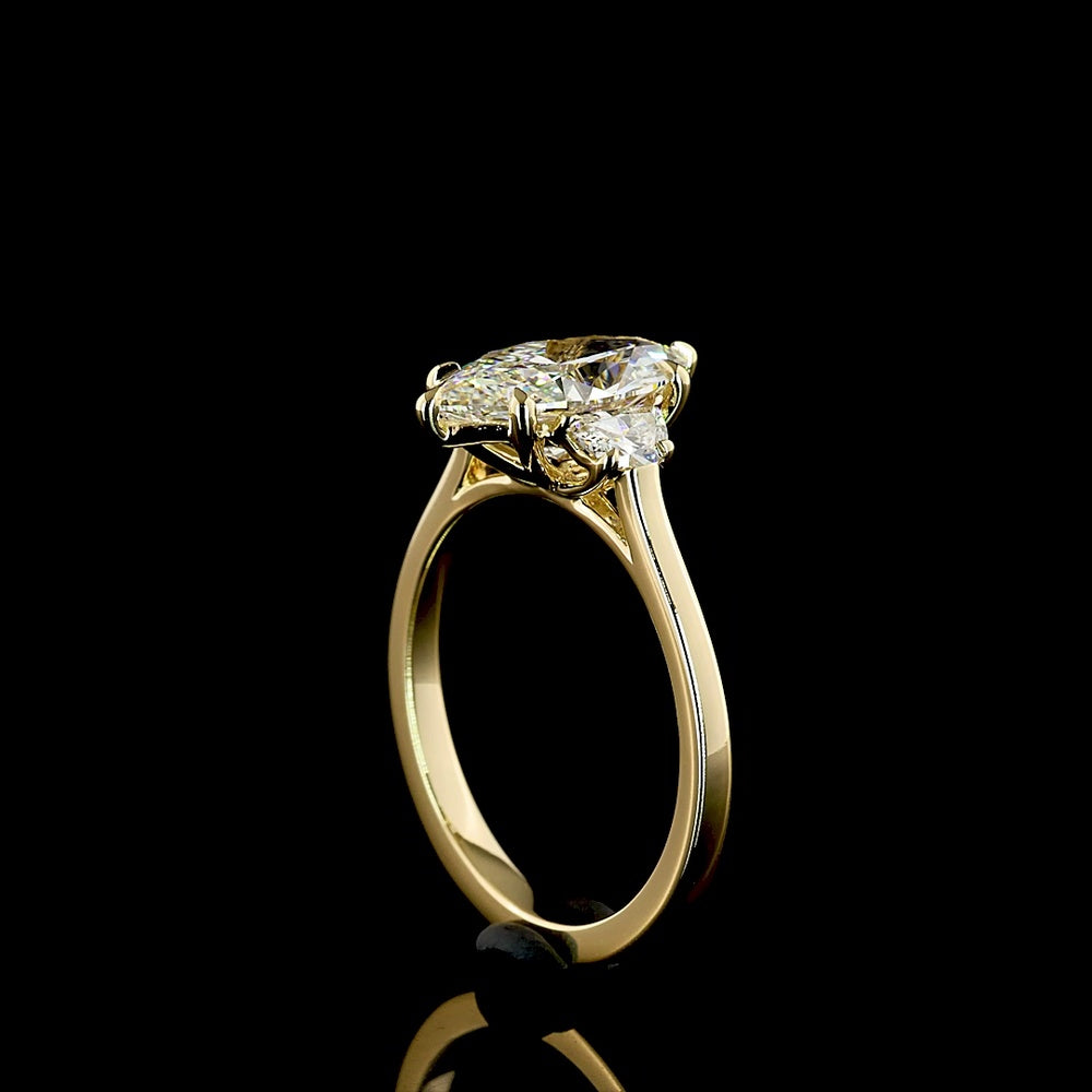 14K Yellow Gold Marquise and Half-Moon Three Stone Ring with 2.10 Carat F VS1 Lab Diamond Center - 2.40 Carat Total Weight - Covaloro Fine Jewelry