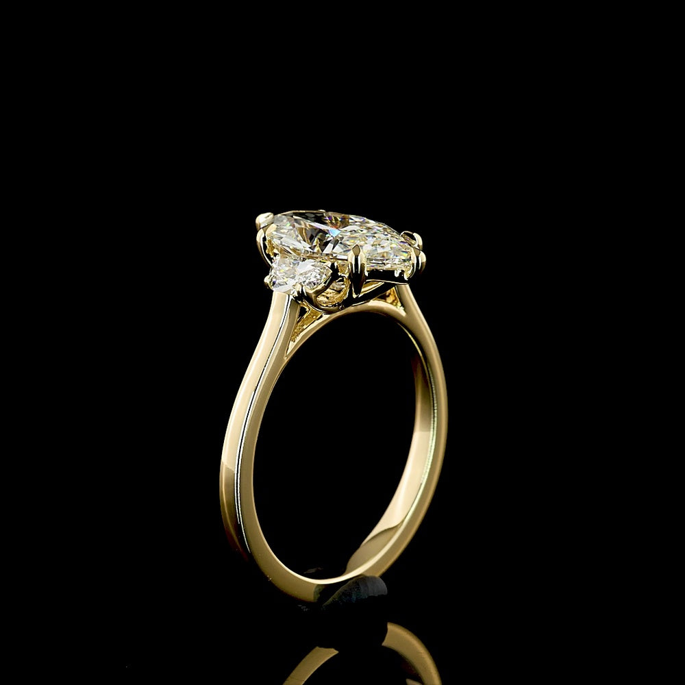14K Yellow Gold Marquise and Half-Moon Three Stone Ring with 2.10 Carat F VS1 Lab Diamond Center - 2.40 Carat Total Weight - Covaloro Fine Jewelry