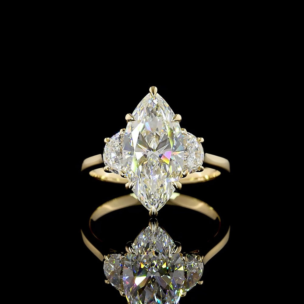 14K Yellow Gold Marquise and Half-Moon Three Stone Ring with Lab-Grown D VVS2 Diamond - 3.70 Carat Total Weight - Covaloro Fine Jewelry