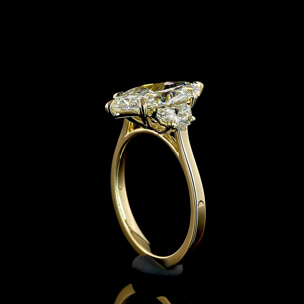 14K Yellow Gold Marquise and Half-Moon Three Stone Ring with Lab-Grown D VVS2 Diamond - 3.70 Carat Total Weight - Covaloro Fine Jewelry