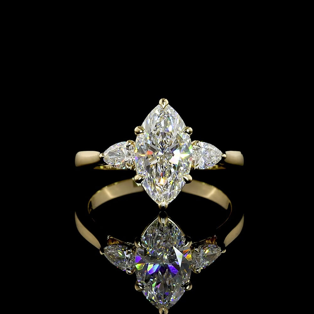 14K Yellow Gold Marquise and Pear Cut Lab Diamond Three Stone Ring - 1.83 Total Carat Weight (1.55 Carats Center E VS1) - Covaloro Fine Jewelry