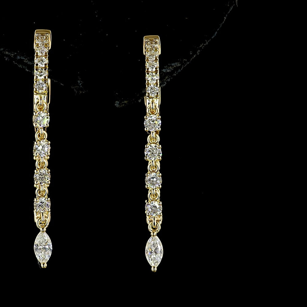 14K Yellow Gold Marquise and Round Diamond Hanging Drop Earrings - 1.11 Carats Total Diamond Weight, Lab-Grown E-F VS Diamonds with Prong Setting - Covaloro Fine Jewelry
