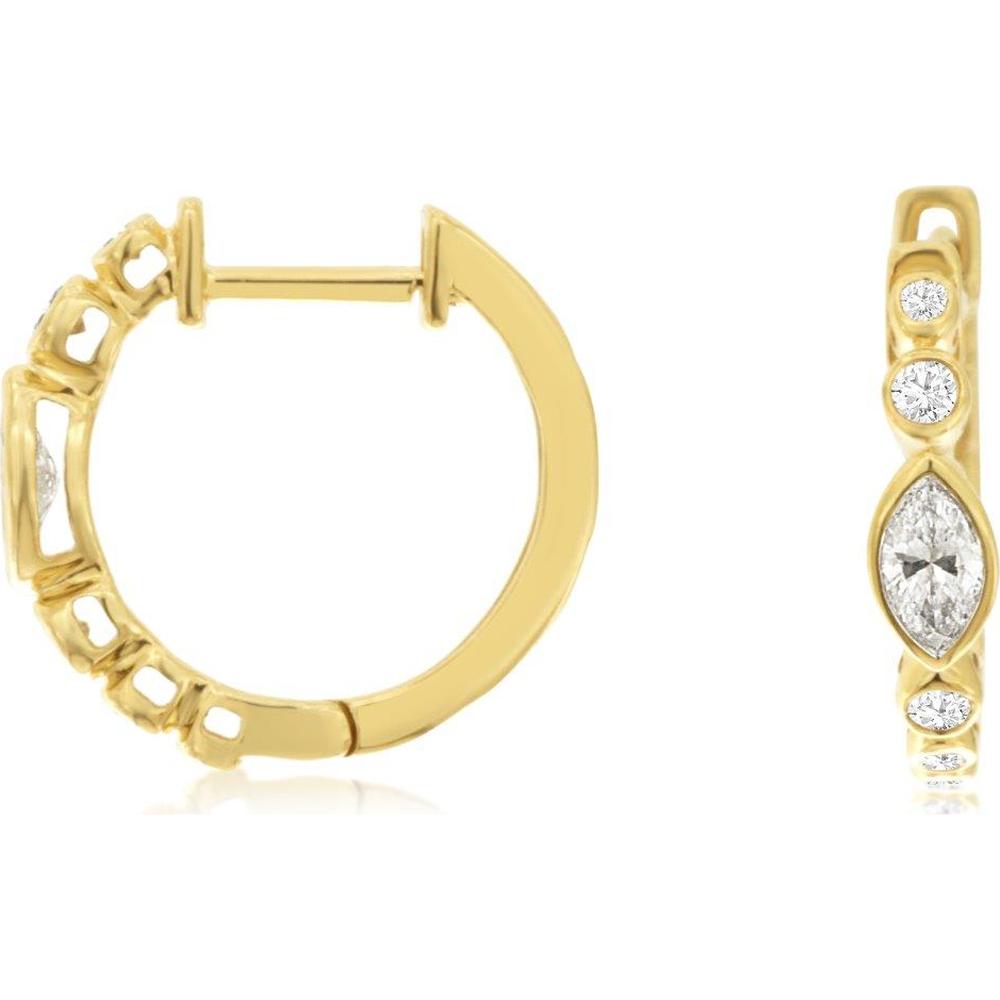 14K Yellow Gold Marquise and Round Diamond Huggie Hoop Earrings - 0.47 Carat Total Diamond Weight - Royal Jewelry