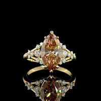 14K Yellow Gold Marquise Cut Champagne Lab Diamond Ring - 3.29 Carats Total Gem Weight with Brilliant Round Accents - Covaloro Fine Jewelry