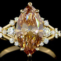 14K Yellow Gold Marquise Cut Champagne Lab Diamond Ring - 3.29 Carats Total Gem Weight with Brilliant Round Accents - Covaloro Fine Jewelry