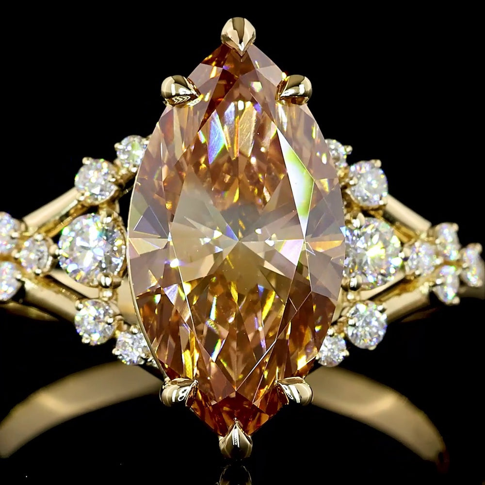14K Yellow Gold Marquise Cut Champagne Lab Diamond Ring - 3.29 Carats Total Gem Weight with Brilliant Round Accents - Covaloro Fine Jewelry