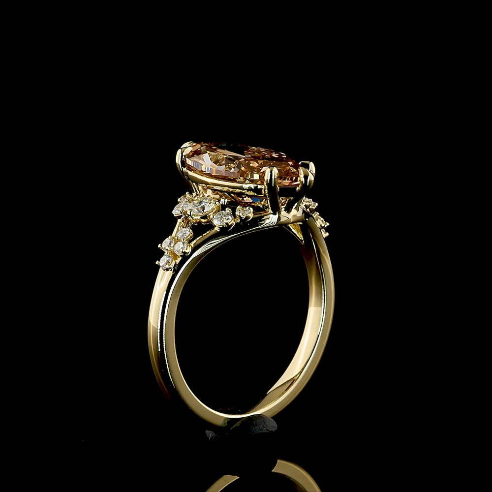 14K Yellow Gold Marquise Cut Champagne Lab Diamond Ring - 3.29 Carats Total Gem Weight with Brilliant Round Accents - Covaloro Fine Jewelry