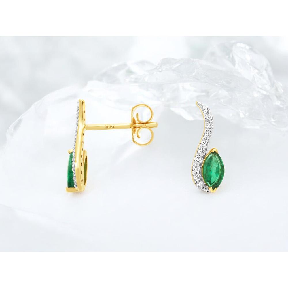 14K Yellow Gold Marquise-Cut Emerald and Diamond Drop Earrings - 0.40 Carat Total Emerald Weight, 0.12 Carat Total Diamond Weight - Royal Jewelry