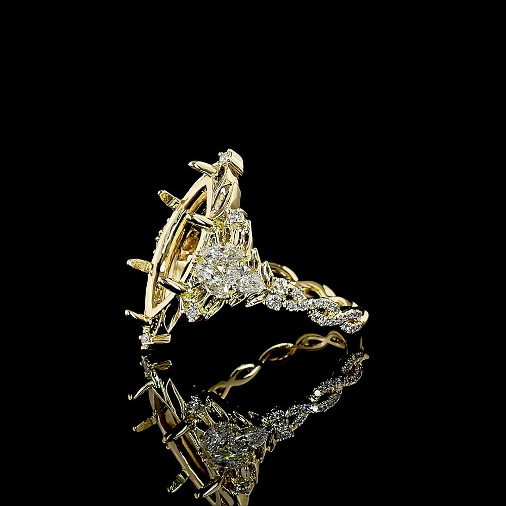 14K Yellow Gold Marquise Cut Fancy Green Lab Diamond Special Ring - 3.50 Carat Center with 0.49 Carat Accent Diamonds, IGI Certified VVS2 Clarity - 4.26 Total Carat Weight - Covaloro Fine Jewelry