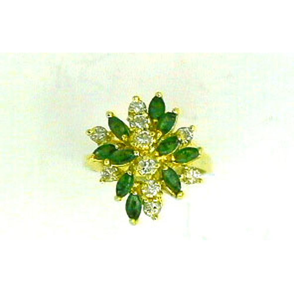 14K Yellow Gold Marquise-Cut Green Gemstone and Round Diamond Cluster Ring - 0.90 Carat Green Gemstones, 0.58 Carat Diamonds - Royal Jewelry