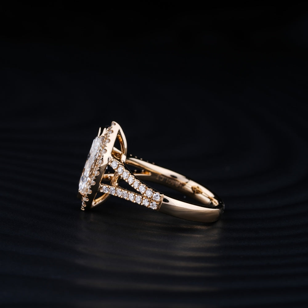14K Yellow Gold Marquise Cut Halo Split Shank Ring with Lab Grown Diamonds - 2.67 Carat Total Diamond Weight, 2.01 Carat Center D VS1 - Covaloro Fine Jewelry