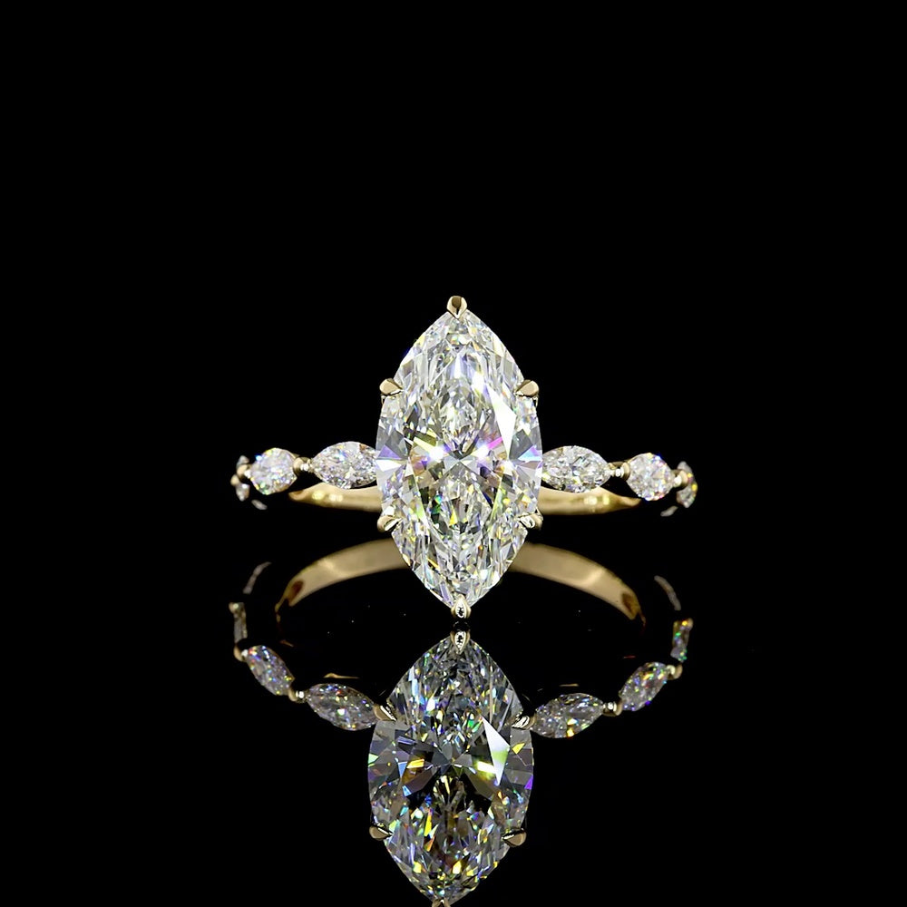 14K Yellow Gold Marquise Cut Hidden Halo Ring with 2.50 Carat Lab Diamond Center and Accent Stones - 3.13 Total Carat Weight - Covaloro Fine Jewelry