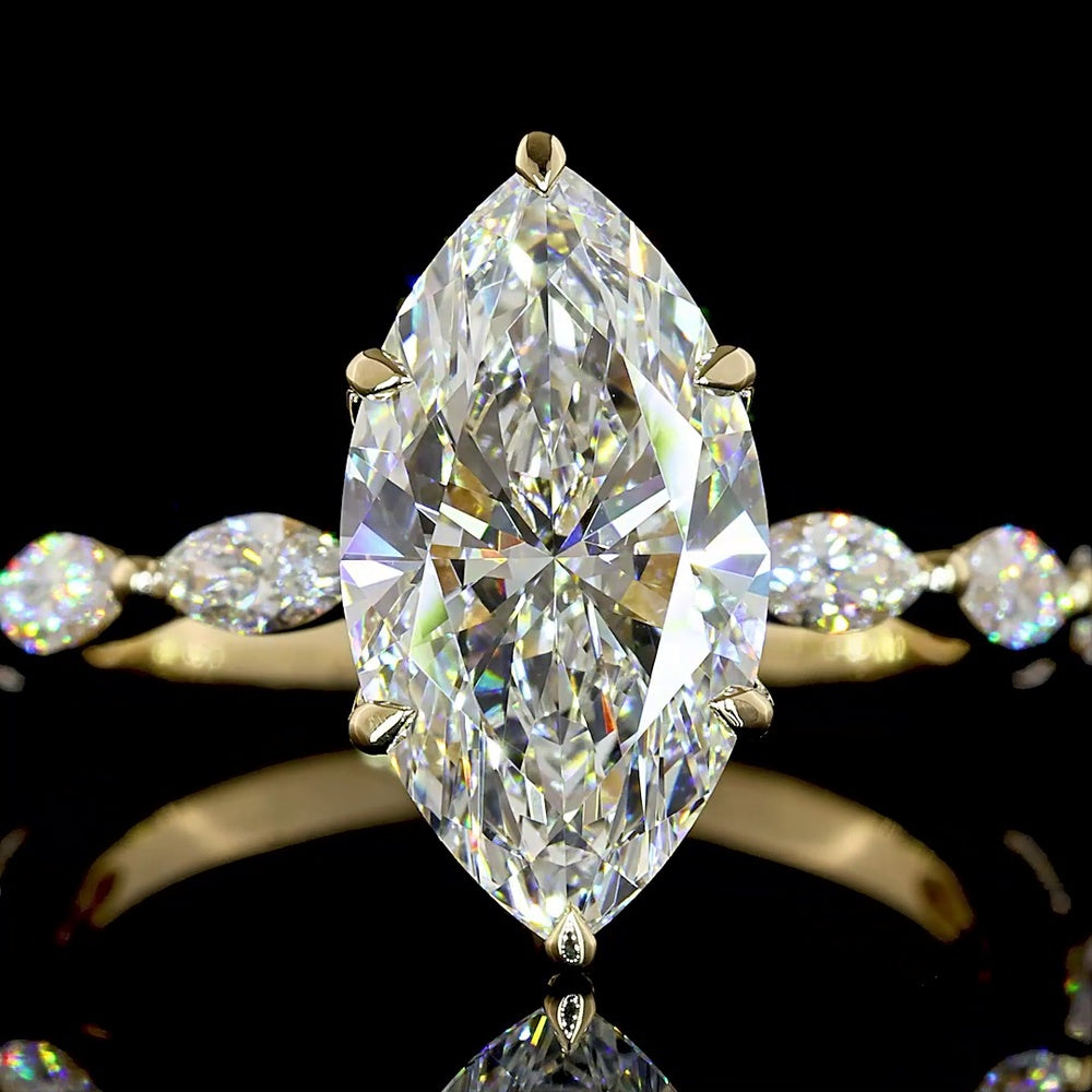 14K Yellow Gold Marquise Cut Hidden Halo Ring with 2.50 Carat Lab Diamond Center and Accent Stones - 3.13 Total Carat Weight - Covaloro Fine Jewelry