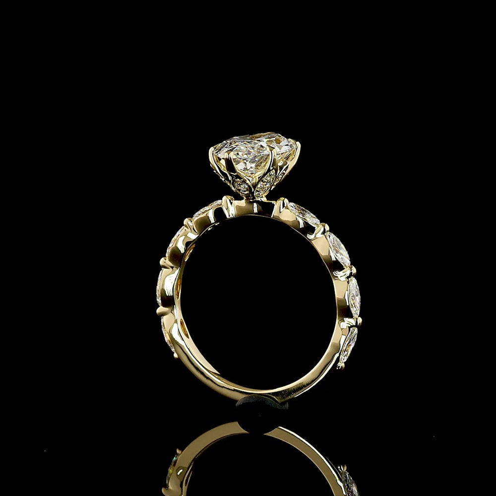 14K Yellow Gold Marquise Cut Hidden Halo Ring with 2.50 Carat Lab Diamond Center and Accent Stones - 3.13 Total Carat Weight - Covaloro Fine Jewelry