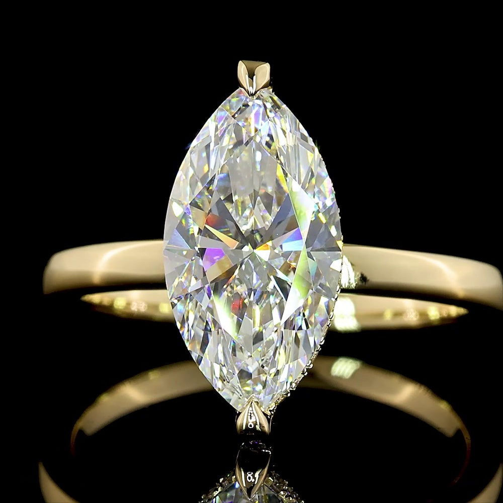 14K Yellow Gold Marquise Cut Hidden Halo Ring with 2.56 Carat D VVS2 Lab Diamond Center and 0.16 Carat Lab Diamond Accents - IGI Certified - Covaloro Fine Jewelry