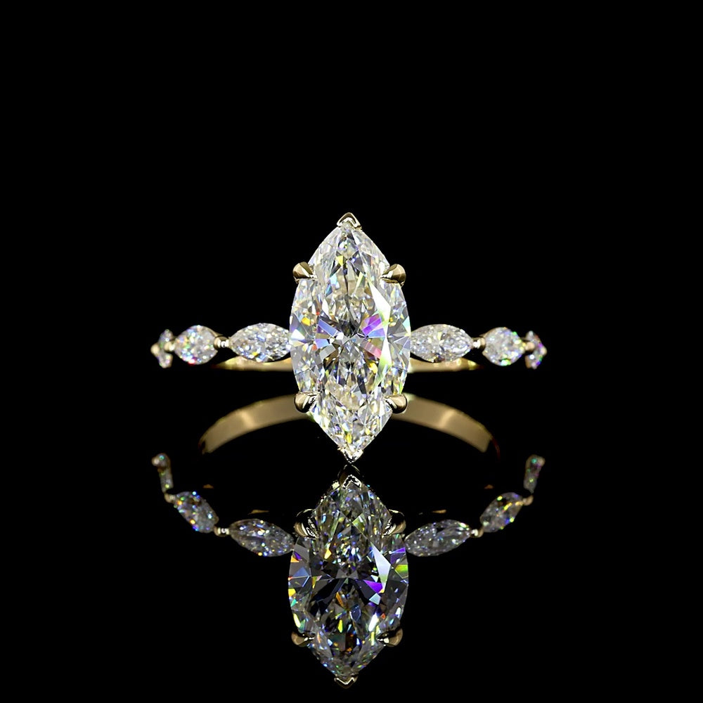 14K Yellow Gold Marquise Cut Hidden Halo Ring with Alternating Marquise and Brilliant Diamond Band - 2.02 Carat Total Diamond Weight, D VVS2 Center Lab Diamond - Covaloro Fine Jewelry
