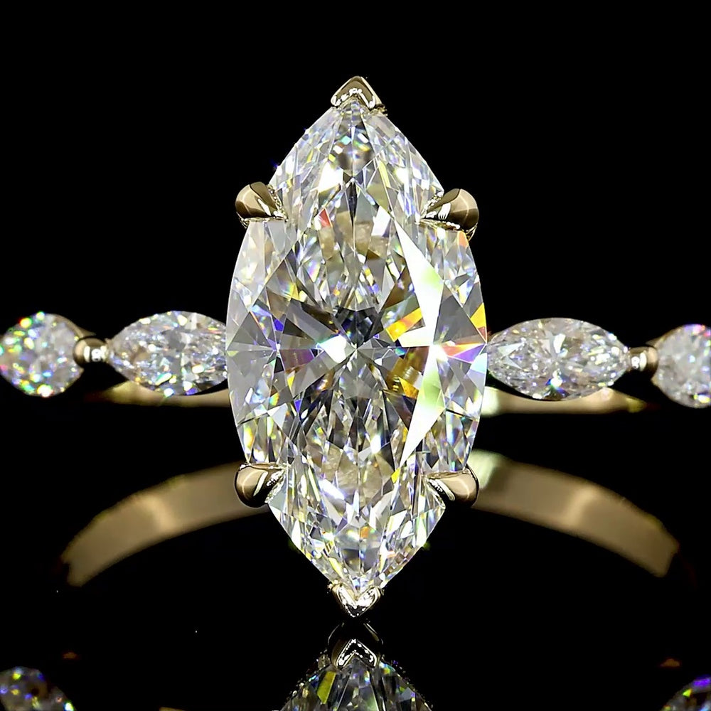 14K Yellow Gold Marquise Cut Hidden Halo Ring with Alternating Marquise and Brilliant Diamond Band - 2.02 Carat Total Diamond Weight, D VVS2 Center Lab Diamond - Covaloro Fine Jewelry