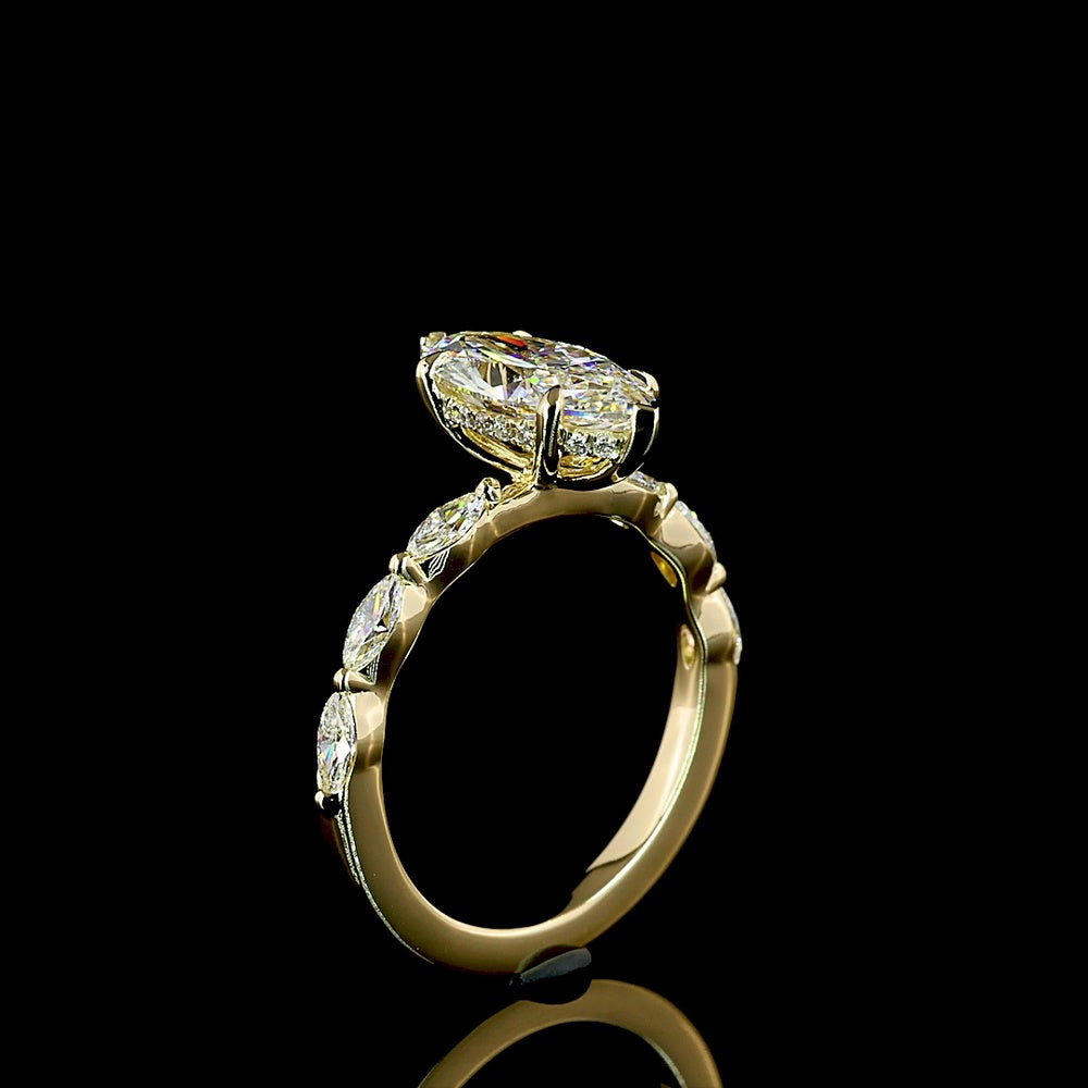 14K Yellow Gold Marquise Cut Hidden Halo Ring with Alternating Marquise and Brilliant Diamond Band - 2.02 Carat Total Diamond Weight, D VVS2 Center Lab Diamond - Covaloro Fine Jewelry