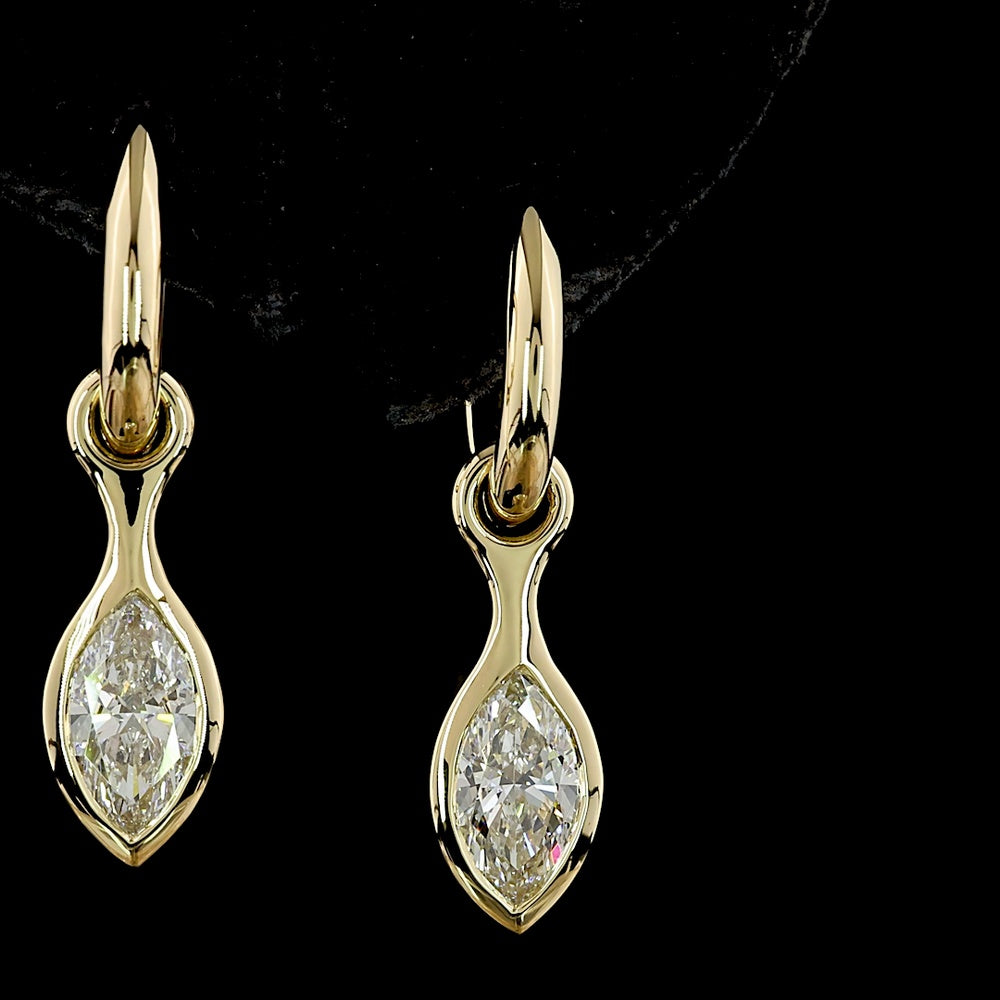 14K Yellow Gold Marquise Cut Lab Diamond Drop Earrings with Bezel Setting - 2.03 Carats Total Diamond Weight E-F VVS1 - Covaloro Fine Jewelry