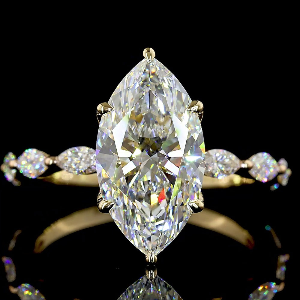 14K Yellow Gold Marquise Cut Lab Diamond Engagement Ring with Diamond Shank - 3.73 Carat Total Weight, E VVS2 Clarity IGI Certified - Covaloro Fine Jewelry