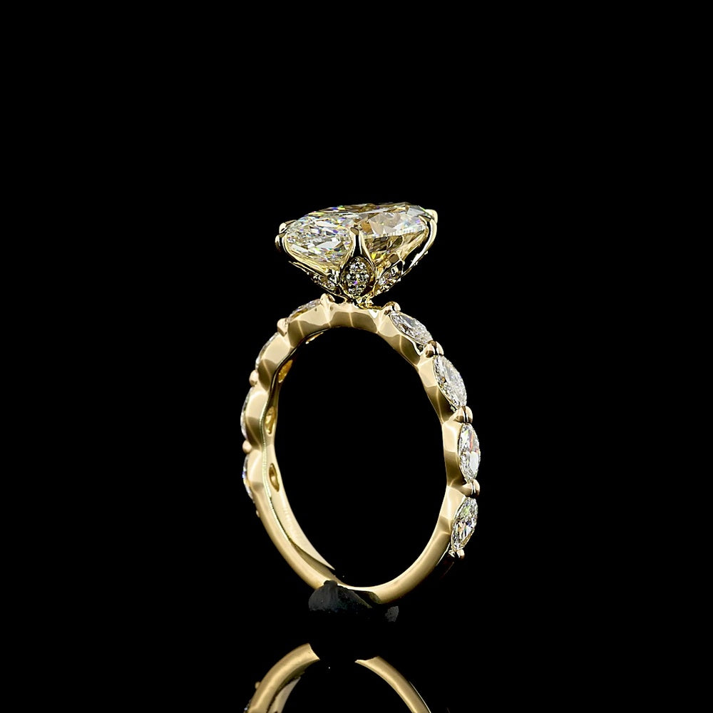 14K Yellow Gold Marquise Cut Lab Diamond Engagement Ring with Diamond Shank - 3.73 Carat Total Weight, E VVS2 Clarity IGI Certified - Covaloro Fine Jewelry