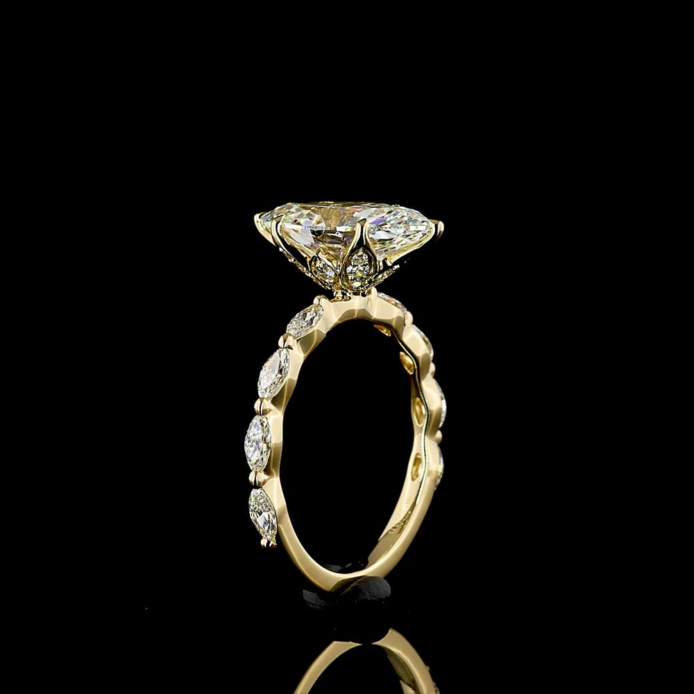 14K Yellow Gold Marquise Cut Lab Diamond Engagement Ring with Diamond Shank - 3.73 Carat Total Weight, E VVS2 Clarity IGI Certified - Covaloro Fine Jewelry