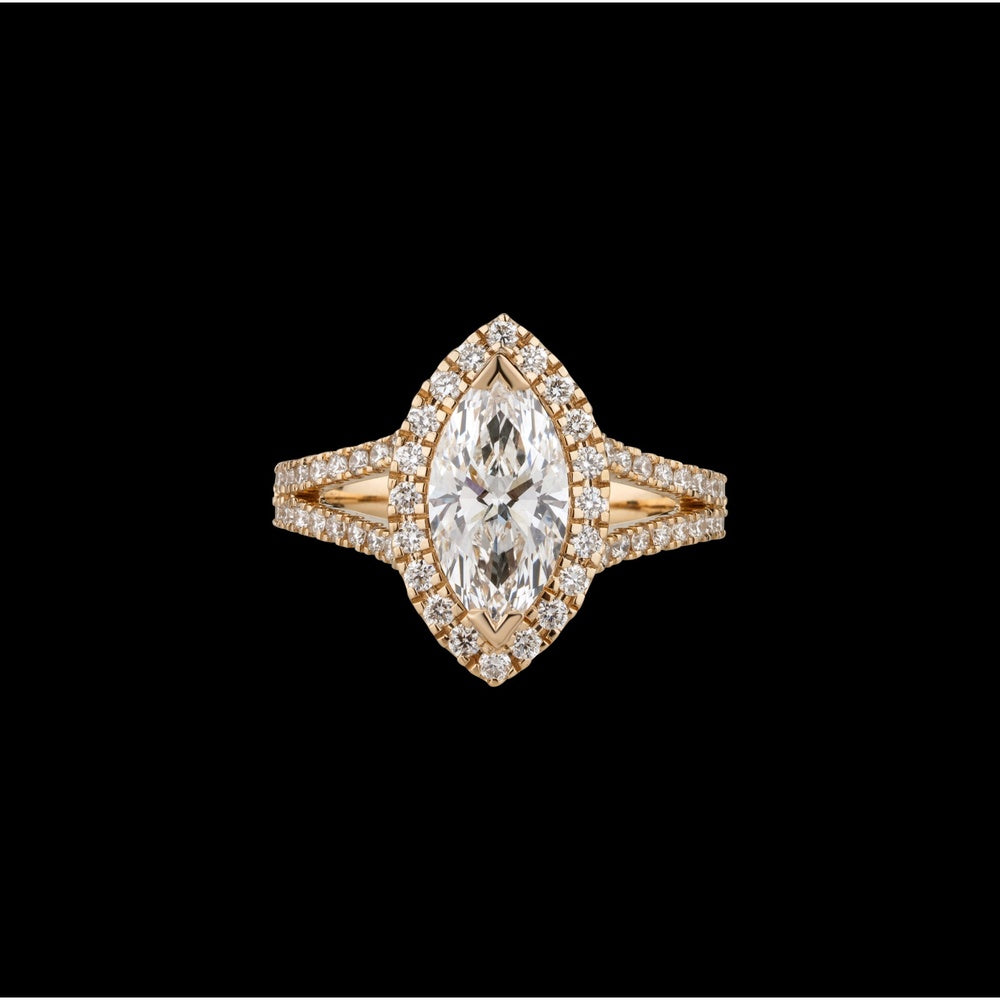 14K Yellow Gold Marquise Cut Lab Diamond Halo Ring with Split Shank - 3.81 Carats Total Diamond Weight - Covaloro Fine Jewelry