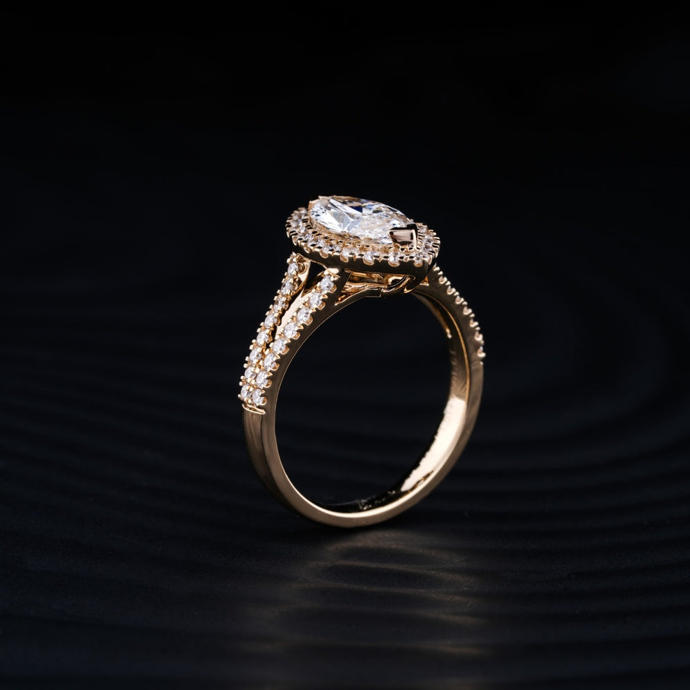 14K Yellow Gold Marquise Cut Lab Diamond Halo Ring with Split Shank - 3.81 Carats Total Diamond Weight - Covaloro Fine Jewelry