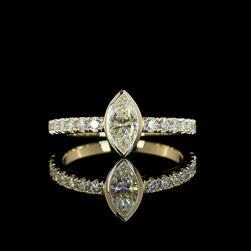 14K Yellow Gold Marquise Cut Lab Diamond Solitaire Ring with Diamond Accented Shank - 0.74 Carat Total Diamond Weight, E-F Color VS1 Clarity - Covaloro Fine Jewelry
