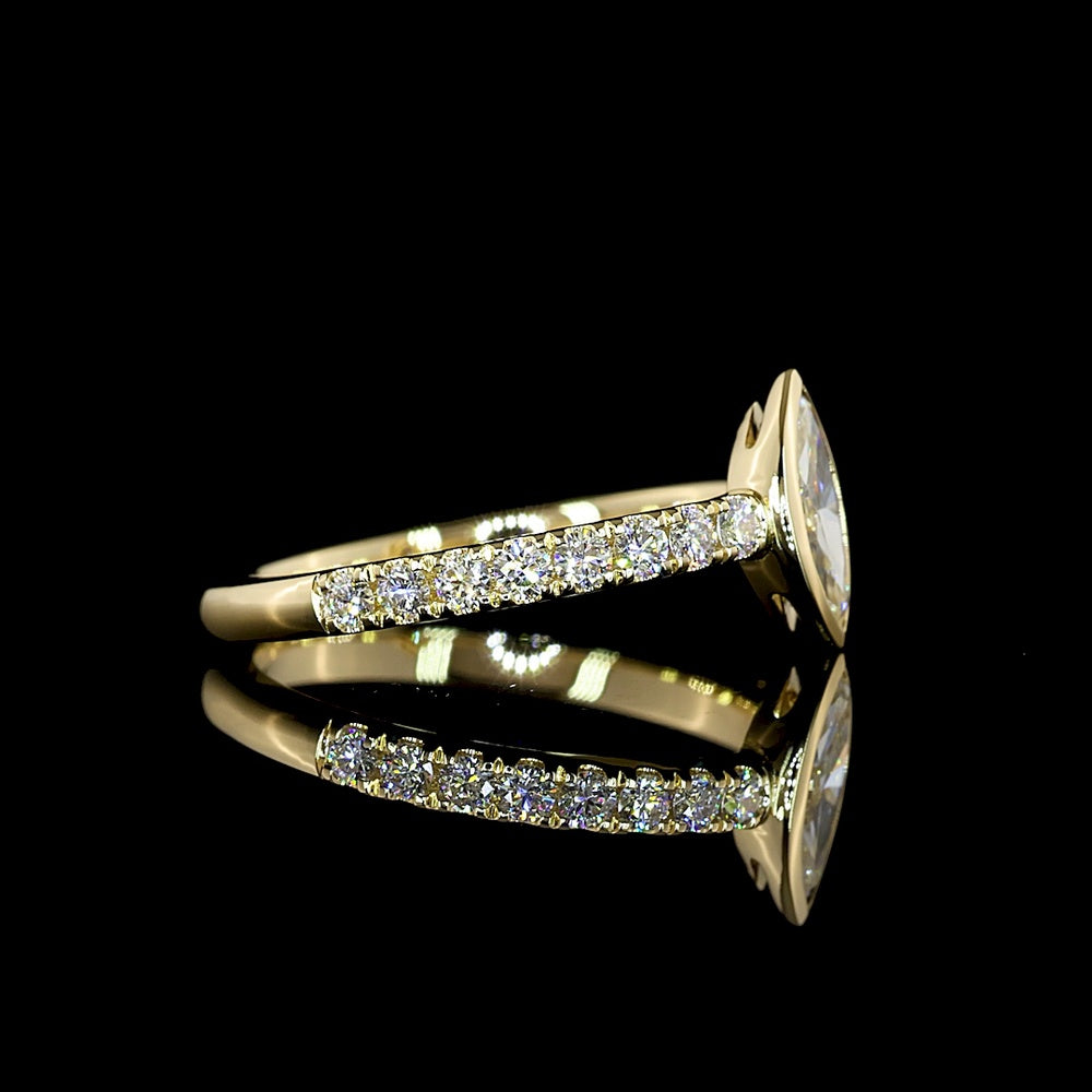 14K Yellow Gold Marquise Cut Lab Diamond Solitaire Ring with Diamond Accented Shank - 0.74 Carat Total Diamond Weight, E-F Color VS1 Clarity - Covaloro Fine Jewelry