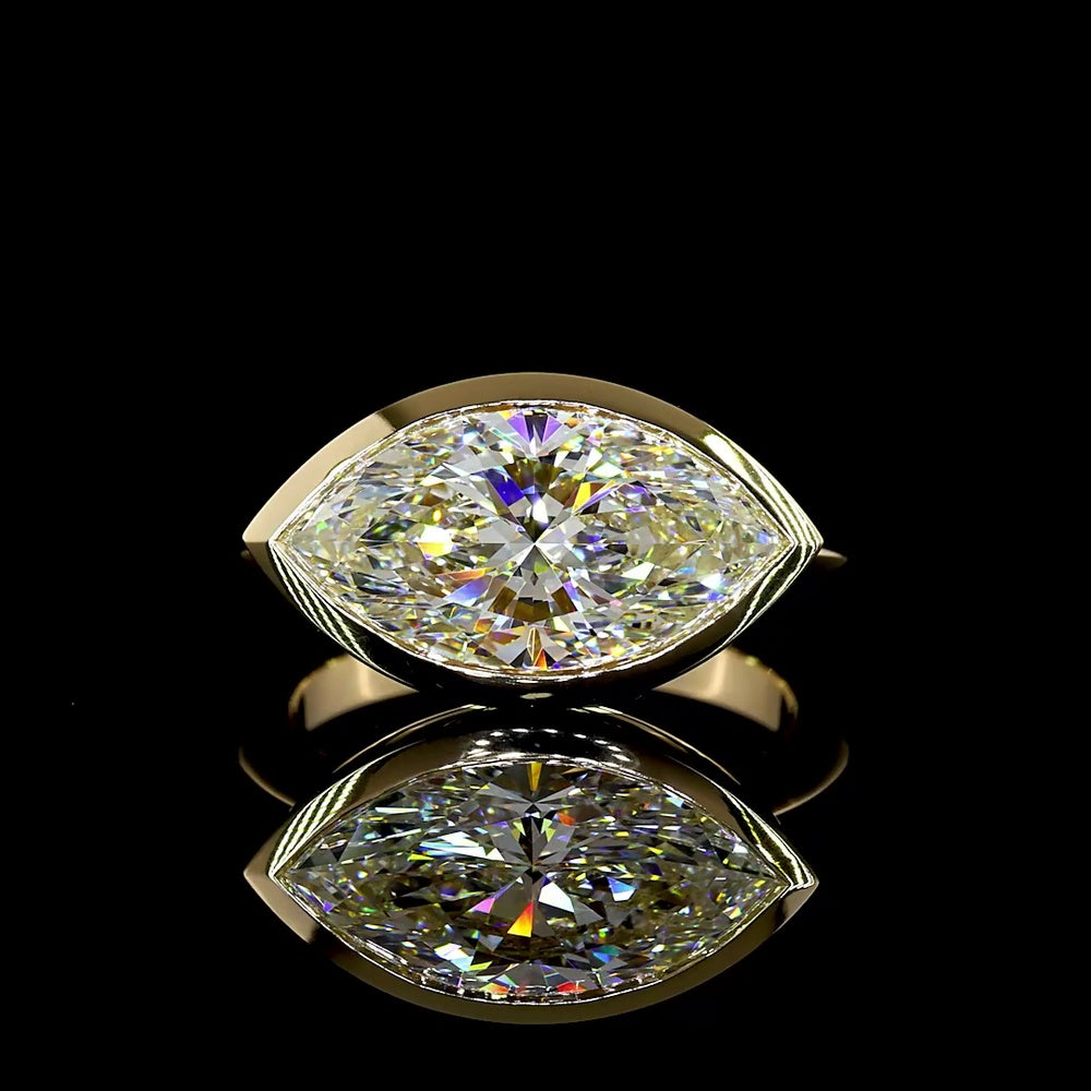 14K Yellow Gold Marquise Cut Lab Diamond Solitaire Ring with East-West Bezel Setting - 4.16 Carat Total Diamond Weight, E-F Color, VVS2 Clarity, IGI Certified - Covaloro Fine Jewelry