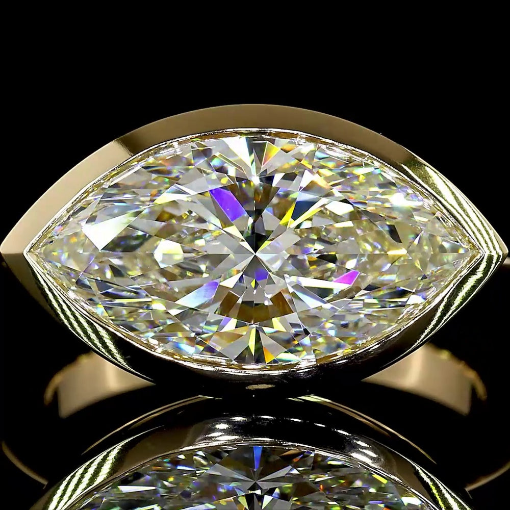 14K Yellow Gold Marquise Cut Lab Diamond Solitaire Ring with East-West Bezel Setting - 4.16 Carat Total Diamond Weight, E-F Color, VVS2 Clarity, IGI Certified - Covaloro Fine Jewelry