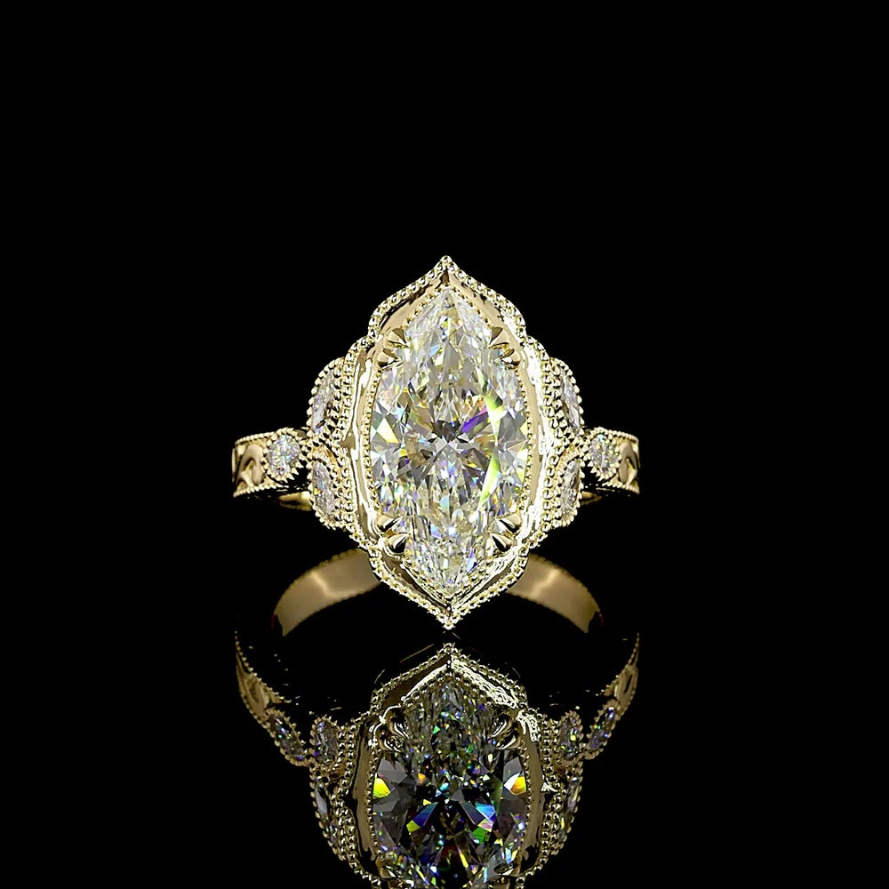 14K Yellow Gold Marquise Cut Lab Diamond Special Ring with Milgrain Detail - 3.20 Carats Center, 3.58 Carats Total Diamond Weight - Covaloro Fine Jewelry