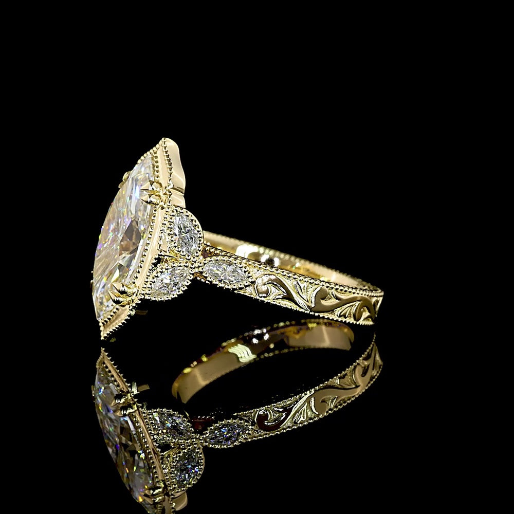 14K Yellow Gold Marquise Cut Lab Diamond Special Ring with Milgrain Detail - 3.20 Carats Center, 3.58 Carats Total Diamond Weight - Covaloro Fine Jewelry