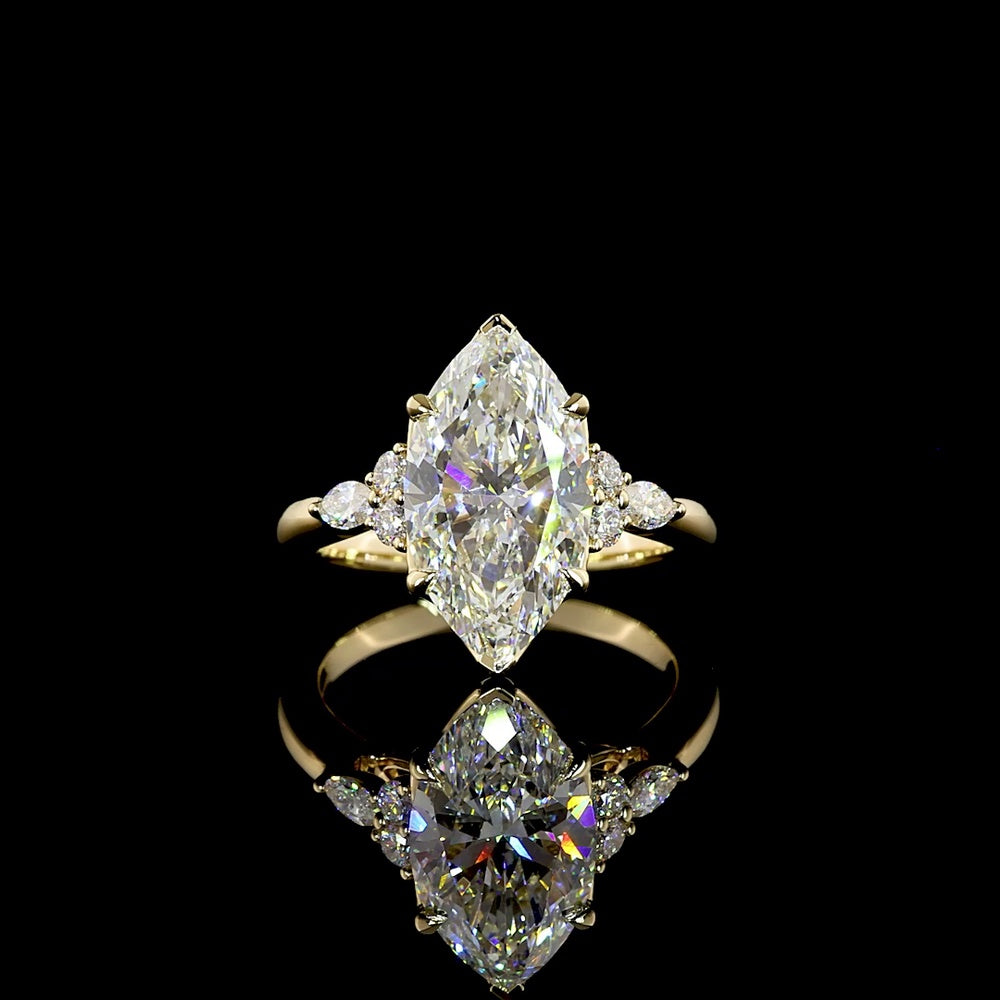 14K Yellow Gold Marquise Cut Lab Diamond Statement Ring with Scattered Side Stones - 3.59 Carat Total Weight, F VS1 Clarity - Covaloro Fine Jewelry