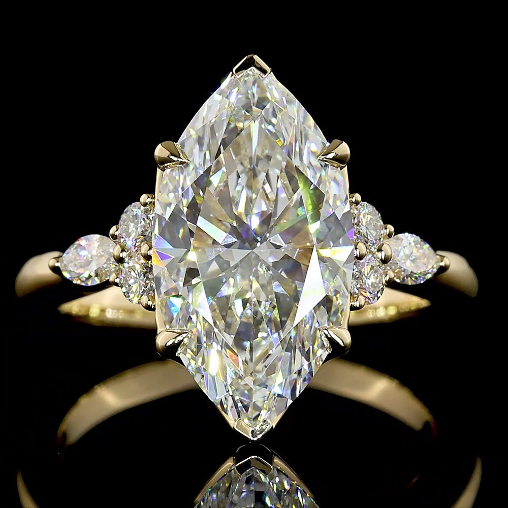 14K Yellow Gold Marquise Cut Lab Diamond Statement Ring with Scattered Side Stones - 3.59 Carat Total Weight, F VS1 Clarity - Covaloro Fine Jewelry