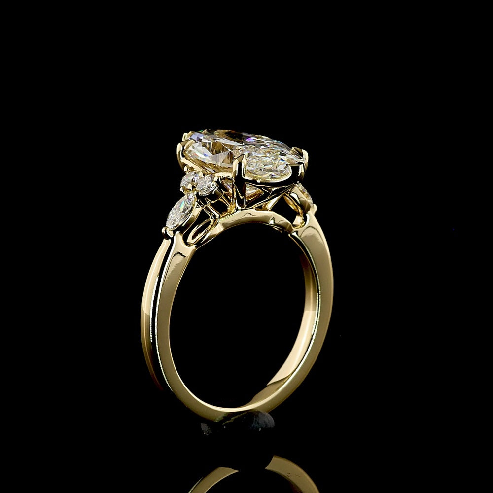 14K Yellow Gold Marquise Cut Lab Diamond Statement Ring with Scattered Side Stones - 3.59 Carat Total Weight, F VS1 Clarity - Covaloro Fine Jewelry