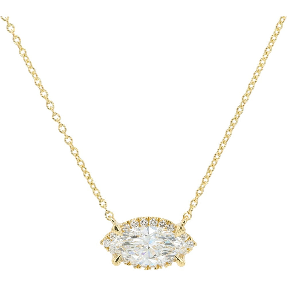 14K Yellow Gold Marquise Cut Lab Grown Diamond Pendant Necklace with Halo Accents - 0.80 Carat Total Diamond Weight