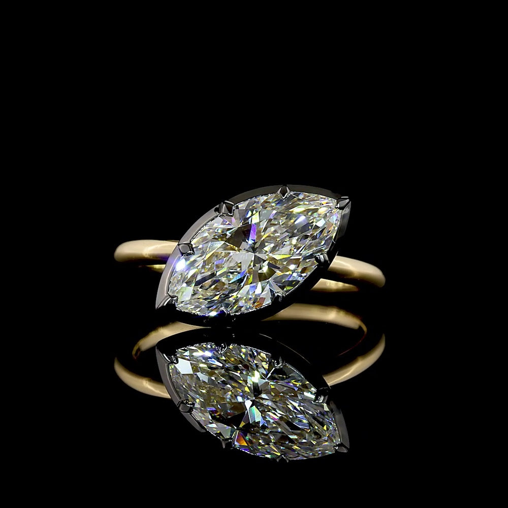 14K Yellow Gold Marquise Cut Solitaire Ring with Black Rhodium Prong and Bezel Setting - 2.44 Carat Lab Grown Diamond E-F VS1 - Covaloro Fine Jewelry