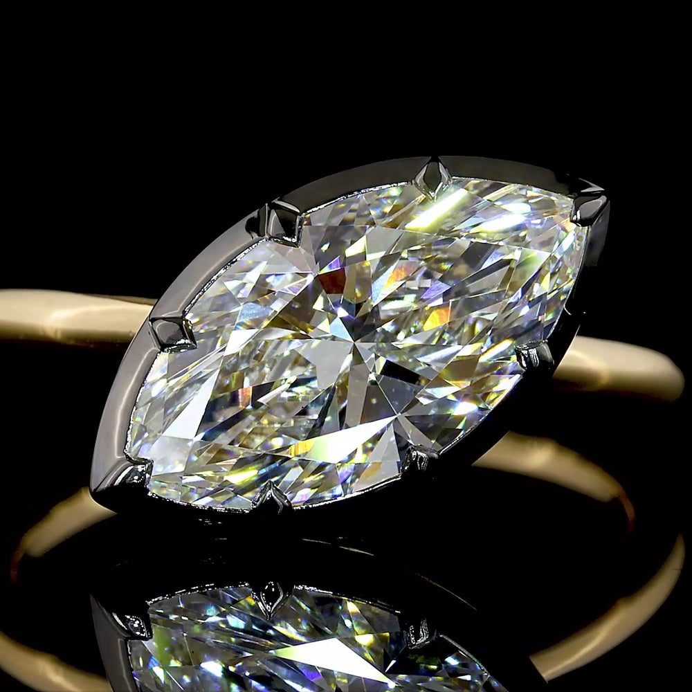 14K Yellow Gold Marquise Cut Solitaire Ring with Black Rhodium Prong and Bezel Setting - 2.44 Carat Lab Grown Diamond E-F VS1 - Covaloro Fine Jewelry