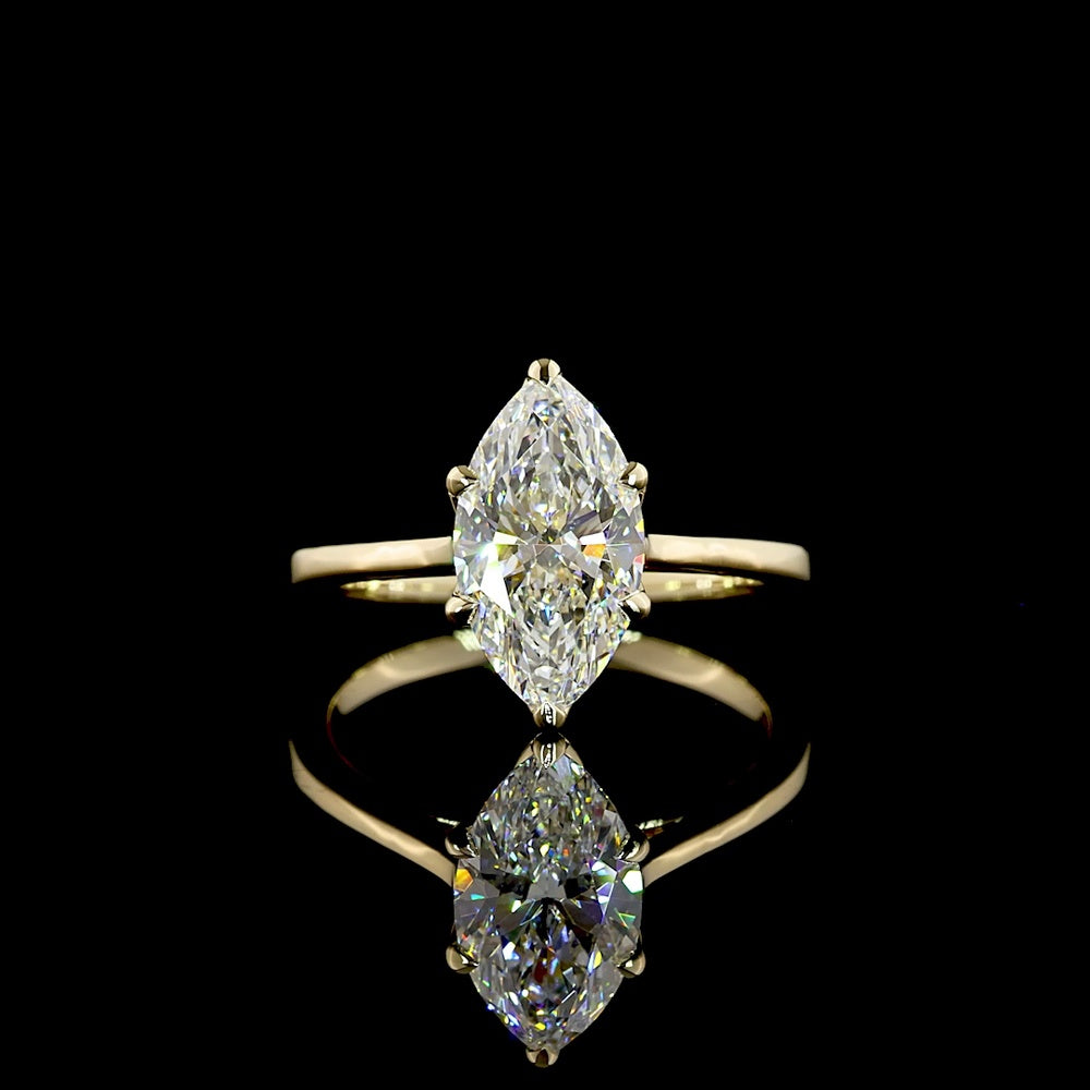 14K Yellow Gold Marquise Cut Solitaire Ring with IGI Certified 2.14 Carat Lab-Grown E-F VVS2 Diamond - North-South Prong Setting - Covaloro Fine Jewelry