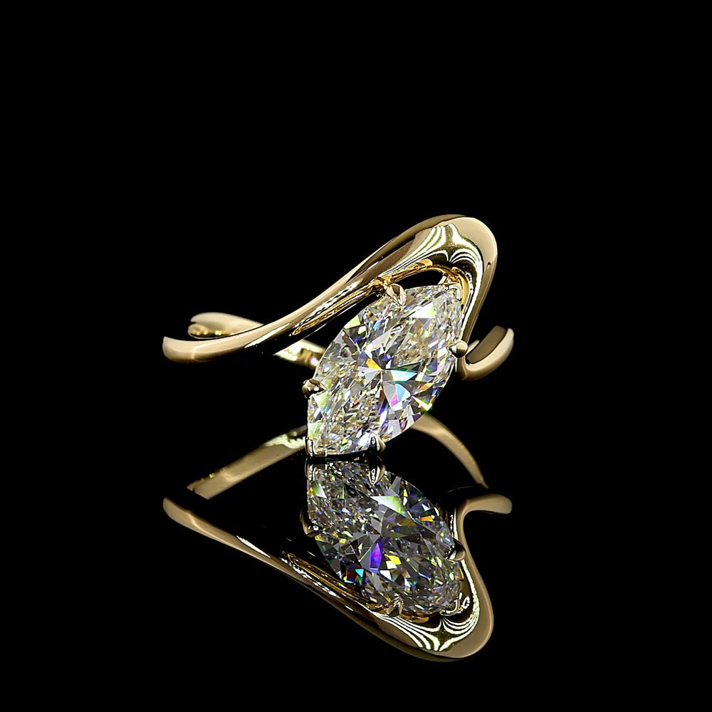 14K Yellow Gold Marquise Cut Solitaire Ring with Inclined Setting - 2.05 Carat Lab Diamond E-F VS1 - Covaloro Fine Jewelry