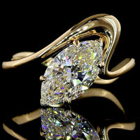 14K Yellow Gold Marquise Cut Solitaire Ring with Inclined Setting - 2.05 Carat Lab Diamond E-F VS1 - Covaloro Fine Jewelry