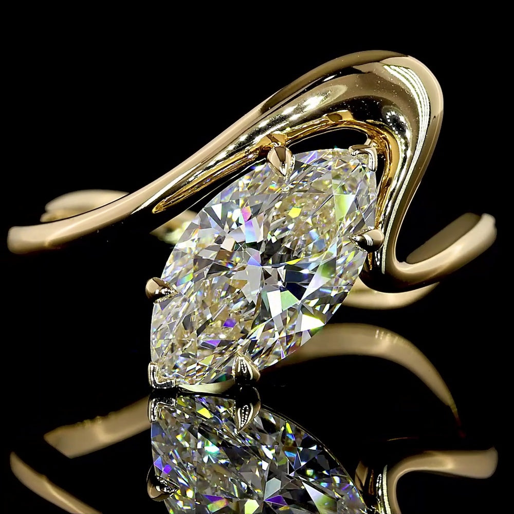 14K Yellow Gold Marquise Cut Solitaire Ring with Inclined Setting - 2.05 Carat Lab Diamond E-F VS1 - Covaloro Fine Jewelry