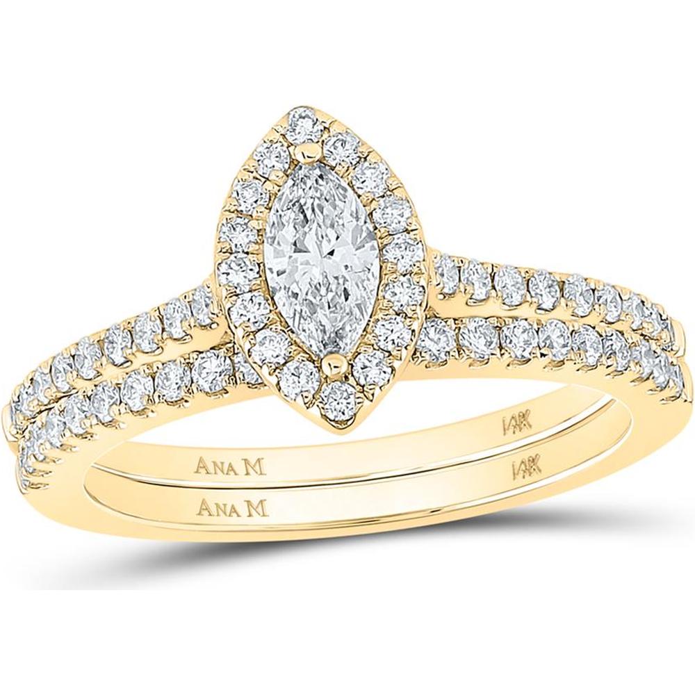 14K Yellow Gold Marquise Diamond Halo Bridal Wedding Ring Set with 7/8 Carat Total Weight - Certified Diamond Engagement and Wedding Rings