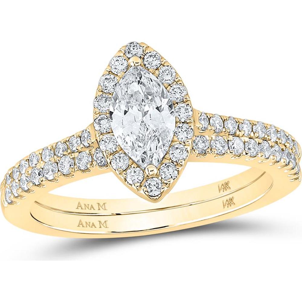 14K Yellow Gold Marquise Diamond Halo Bridal Wedding Ring Set with Round Diamond Accents - 1 Carat Total Diamond Weight