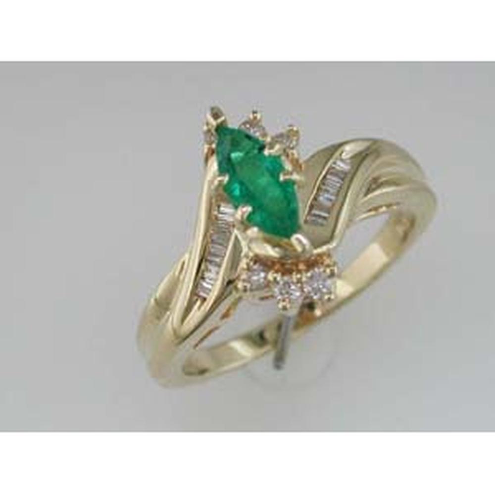 14K Yellow Gold Marquise Emerald and Diamond Ring with Baguette and Round Accents - 0.75 Carats Total Gem Weight